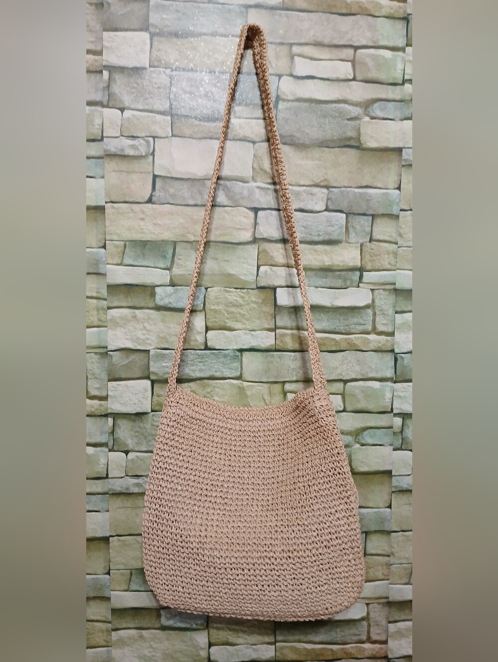 New Beige Crochet Shoulder Bag with Floral Embroidery - Picture 2 of 5